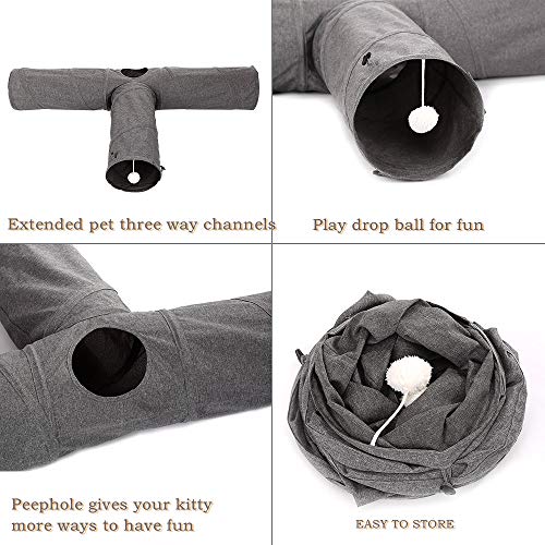 Ownpets Cat Tunnel, 3 Way Collapsible Kitty Tunnel 47 inch Long Cat Tube with Plush Ball & Feather Toy, Large Cat Play Tunnel for Indoor Cat, Kitten, Puppy, Rabbit,and Mongoose