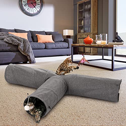 Ownpets Cat Tunnel, 3 Way Collapsible Kitty Tunnel 47 inch Long Cat Tube with Plush Ball & Feather Toy, Large Cat Play Tunnel for Indoor Cat, Kitten, Puppy, Rabbit,and Mongoose