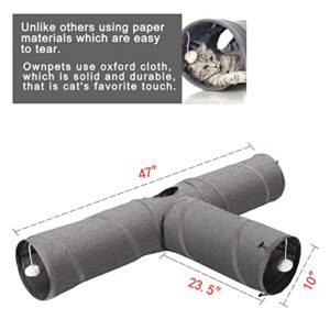 Ownpets Cat Tunnel, 3 Way Collapsible Kitty Tunnel 47 inch Long Cat Tube with Plush Ball & Feather Toy, Large Cat Play Tunnel for Indoor Cat, Kitten, Puppy, Rabbit,and Mongoose