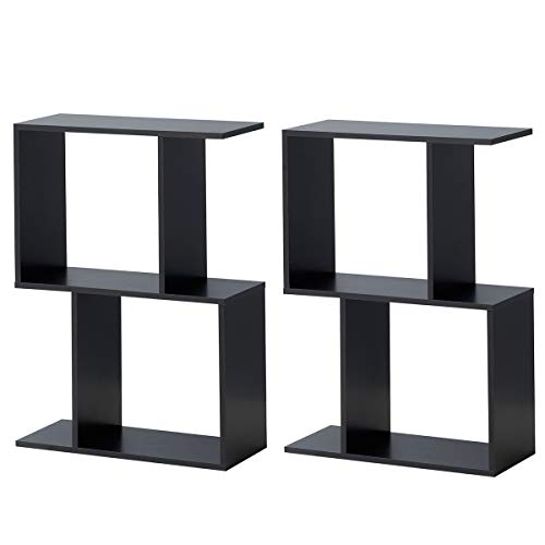 Giantex 2-Tier Bookshelf S Shaped Bookcase Set of 2, Free Standing Industrial Storage Rack, Suit for Living Room Bedroom Office, Modern Small Bookcase, Black