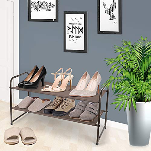 Simple Trending 2-Tier Stackable Shoe Rack, Fabric Shoe Shelf Storage Organizer, Bronze