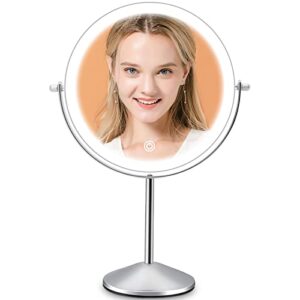 makeup vanity mirror with led lights, 8 inch rechargeable double sided 10x magnification, 3 color lighting, dimmable cosmetic mirror with touch control 360°rotation light up mirror cord or cordless