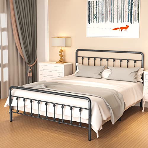 Noillats Metal Bed Frame Queen Size with Vintage Headboard and Footboard, Premium Stable Steel Slat Support Mattress Foundation, No Box Spring Needed and Easy Assembly, Dark Grey