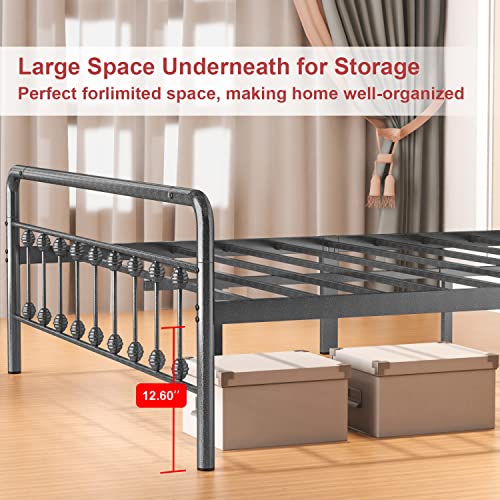 Noillats Metal Bed Frame Queen Size with Vintage Headboard and Footboard, Premium Stable Steel Slat Support Mattress Foundation, No Box Spring Needed and Easy Assembly, Dark Grey