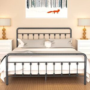 Noillats Metal Bed Frame Queen Size with Vintage Headboard and Footboard, Premium Stable Steel Slat Support Mattress Foundation, No Box Spring Needed and Easy Assembly, Dark Grey