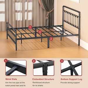 Noillats Metal Bed Frame Queen Size with Vintage Headboard and Footboard, Premium Stable Steel Slat Support Mattress Foundation, No Box Spring Needed and Easy Assembly, Dark Grey