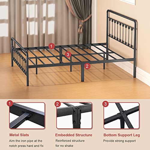 Noillats Metal Bed Frame Queen Size with Vintage Headboard and Footboard, Premium Stable Steel Slat Support Mattress Foundation, No Box Spring Needed and Easy Assembly, Dark Grey