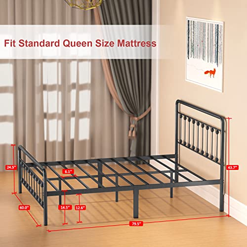 Noillats Metal Bed Frame Queen Size with Vintage Headboard and Footboard, Premium Stable Steel Slat Support Mattress Foundation, No Box Spring Needed and Easy Assembly, Dark Grey