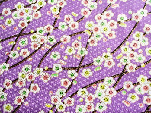 Violet Japanese Kimono Sakura Cotton on Purple Fabric by The Yard 36 by 36-Inch Wide (1 Yard) (KM081)