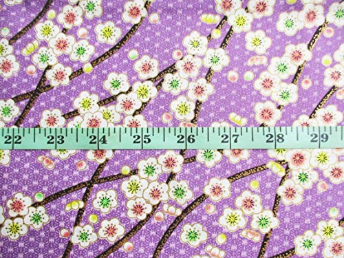 Violet Japanese Kimono Sakura Cotton on Purple Fabric by The Yard 36 by 36-Inch Wide (1 Yard) (KM081)