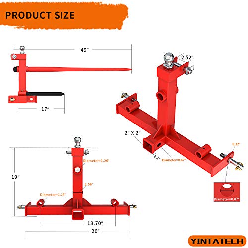 YINTATECH 49” Hay Spear 3000lbs Capacity and 2 Stabilizers Spear with 3 Point Trailer Hitch 2" Receiver with Trailer Ball Gooseneck Drawbar for Category 1 Tractor