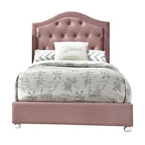 acme furniture upholstered full bed with wood legs and tufted headboard, 81" x 57" x 46"h, pink fabric