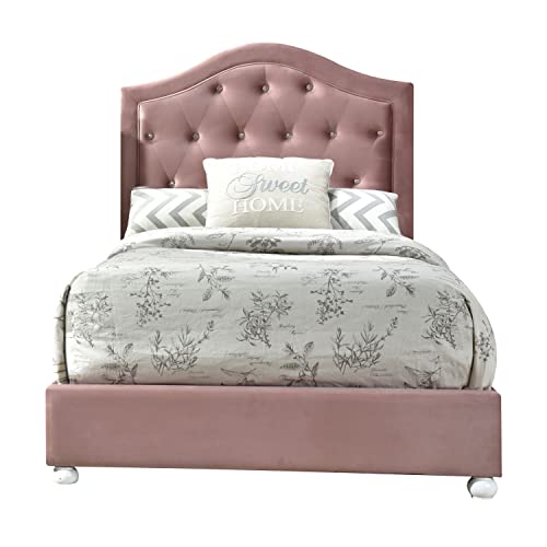 Acme Furniture Upholstered Full Bed with Wood Legs and Tufted Headboard, 81" x 57" x 46"H, Pink Fabric