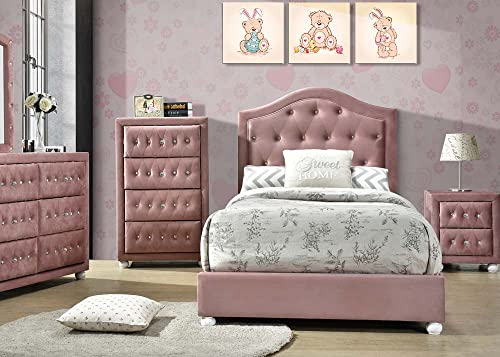 Acme Furniture Upholstered Full Bed with Wood Legs and Tufted Headboard, 81" x 57" x 46"H, Pink Fabric