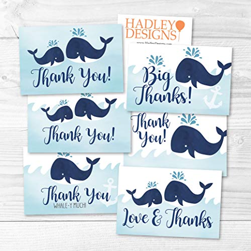 24 Blue Whale Baby Shower Thank You Cards With Envelopes, Kids Thank-You Note, 4x6 Gratitude Card Gift For Guest Pack For Party, Birthday, Boy or Girl Children, Cute Beach Nautical Event Stationery