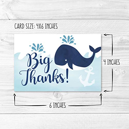 24 Blue Whale Baby Shower Thank You Cards With Envelopes, Kids Thank-You Note, 4x6 Gratitude Card Gift For Guest Pack For Party, Birthday, Boy or Girl Children, Cute Beach Nautical Event Stationery