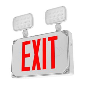 lfi lights | wet location rated combo red exit sign with emergency lights | white housing | all led | two adjustable heads | hardwired with battery backup | ul listed | wlfcombo-r