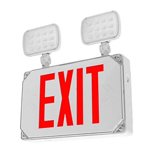 LFI Lights | Wet Location Rated Combo Red Exit Sign with Emergency Lights | White Housing | All LED | Two Adjustable Heads | Hardwired with Battery Backup | UL Listed | WLFCOMBO-R