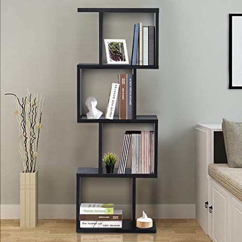 Giantex 4 Tier Bookshelf S Shaped Bookcase, Multifunctional Wooden Display Decor Furniture, Free Standing Industrial Storage Rack for Living Room Bedroom Office, Modern 4 Shelf Bookcase (Black, 1)