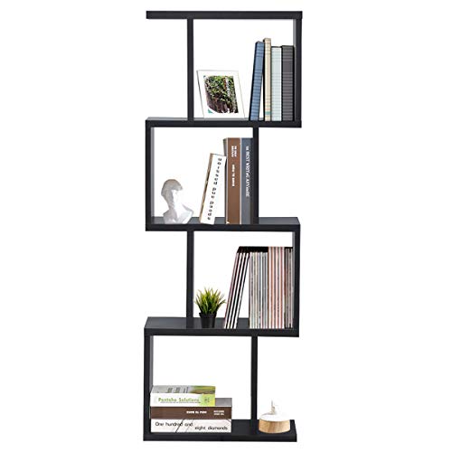 Giantex 4 Tier Bookshelf S Shaped Bookcase, Multifunctional Wooden Display Decor Furniture, Free Standing Industrial Storage Rack for Living Room Bedroom Office, Modern 4 Shelf Bookcase (Black, 1)