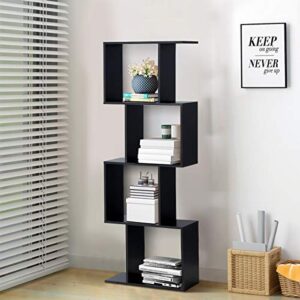 Giantex 4 Tier Bookshelf S Shaped Bookcase, Multifunctional Wooden Display Decor Furniture, Free Standing Industrial Storage Rack for Living Room Bedroom Office, Modern 4 Shelf Bookcase (Black, 1)