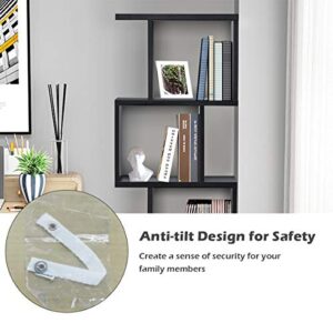 Giantex 4 Tier Bookshelf S Shaped Bookcase, Multifunctional Wooden Display Decor Furniture, Free Standing Industrial Storage Rack for Living Room Bedroom Office, Modern 4 Shelf Bookcase (Black, 1)