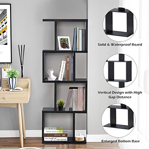 Giantex 4 Tier Bookshelf S Shaped Bookcase, Multifunctional Wooden Display Decor Furniture, Free Standing Industrial Storage Rack for Living Room Bedroom Office, Modern 4 Shelf Bookcase (Black, 1)