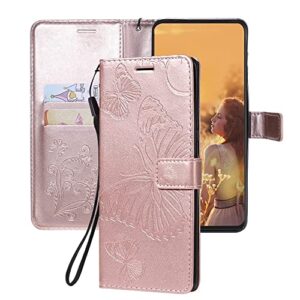 asdsinfor compatible with redmi note 9 pro case wallet case credit cards slot with stand for pu leather shockproof flip magnetic compatible with xiaomi redmi note 9s big butterfly rose gold kt