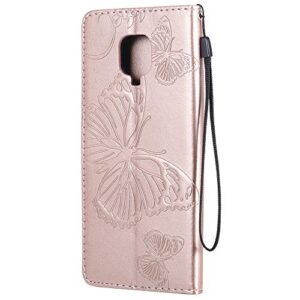 Asdsinfor Compatible with Redmi Note 9 Pro Case Wallet Case Credit Cards Slot with Stand for PU Leather Shockproof Flip Magnetic Compatible with Xiaomi Redmi Note 9S Big Butterfly Rose Gold KT