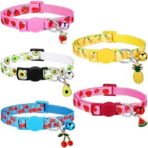 5 pieces breakaway cat collars with bell colorful summer fruit style adjustable pet collar with pineapple watermelon cherry strawberry avocado patterns for kitten kitty cat tropical hawaii party (s)