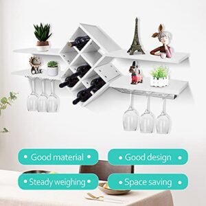 Ejoyous Wine Rack with Glass Holder Wall Mounted, Rustic Wooden Wine Bottle Rack Cabinet Grid Hanging Wine Stemware Storage Rack Plant Flower Display Shelf for Bar Kitchen Restaurants (White 1)