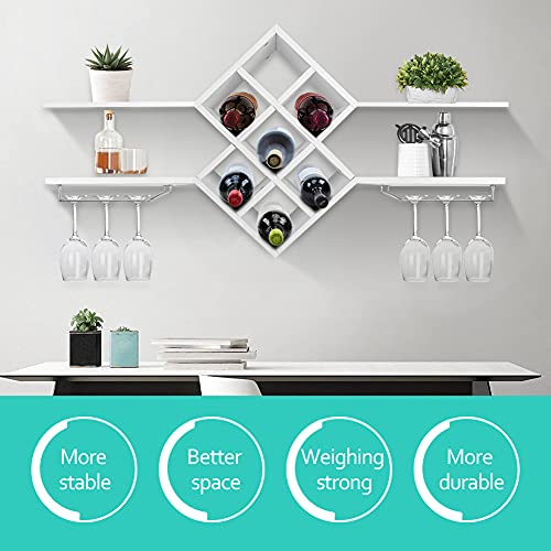 Ejoyous Wine Rack with Glass Holder Wall Mounted, Rustic Wooden Wine Bottle Rack Cabinet Grid Hanging Wine Stemware Storage Rack Plant Flower Display Shelf for Bar Kitchen Restaurants (White 1)