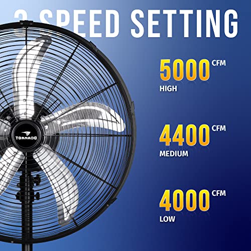 Tornado 20 Inch High Velocity Metal Oscillating Pedestal Fan Commercial, Industrial Use 3 Speed 5000 CFM 1/6 HP 6.6 FT Cord UL Safety Listed