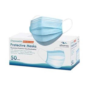 disposable 3 ply face masks pack of 50 pcs/box, albatross health 3ply deluxe procedure earloop face mask, safety mask filter for protection, mouth and nose cover for adults
