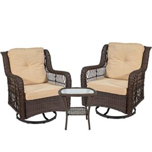 on shine 3 piece patio furniture wicker rattan rocker bistro furniture set out door furniture set,rocking chair set with glass coffee table and comfortable cotton cushions (brown)