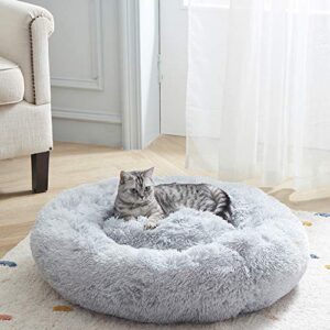 sunstyle home soft plush round pet bed for cats or small dogs cat bed self warming autumn winter indoor sleeping cozy pet bed for small dogs and cats donut anti slip bottom (m(24"x24"), gray)