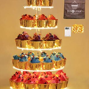 Jusalpha 5 Tier Round Cupcake Stand With Light– Premium Cupcake Holder – Acrylic Cupcake Tower With LED Light – Ideal for Weddings Birthday Parties, Candy Bar Decor 5RFs (5 Tier- Battery Power)