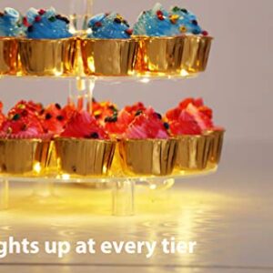 Jusalpha 5 Tier Round Cupcake Stand With Light– Premium Cupcake Holder – Acrylic Cupcake Tower With LED Light – Ideal for Weddings Birthday Parties, Candy Bar Decor 5RFs (5 Tier- Battery Power)