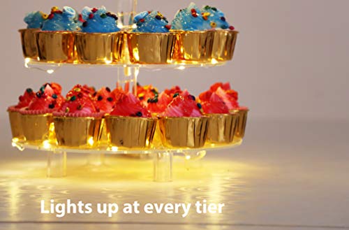 Jusalpha 5 Tier Round Cupcake Stand With Light– Premium Cupcake Holder – Acrylic Cupcake Tower With LED Light – Ideal for Weddings Birthday Parties, Candy Bar Decor 5RFs (5 Tier- Battery Power)