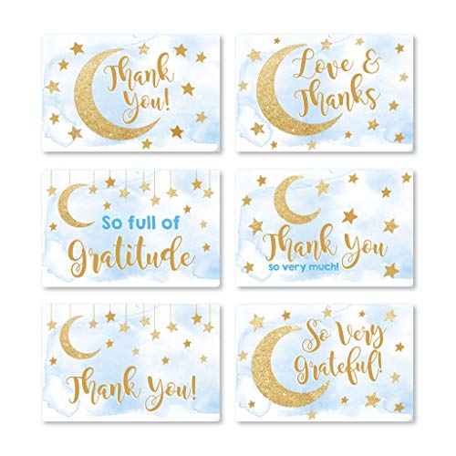 24 Blue Stars Baby Shower Thank You Cards With Envelopes, Kids Thank-You Note, 4x6 Gratitude Card Gift For Guest Pack For Party, Birthday, For Boy Children, Cute Angel Twinkle Moon Event Stationery