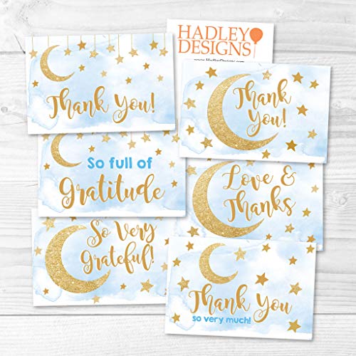 24 Blue Stars Baby Shower Thank You Cards With Envelopes, Kids Thank-You Note, 4x6 Gratitude Card Gift For Guest Pack For Party, Birthday, For Boy Children, Cute Angel Twinkle Moon Event Stationery