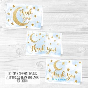 24 Blue Stars Baby Shower Thank You Cards With Envelopes, Kids Thank-You Note, 4x6 Gratitude Card Gift For Guest Pack For Party, Birthday, For Boy Children, Cute Angel Twinkle Moon Event Stationery