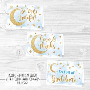 24 Blue Stars Baby Shower Thank You Cards With Envelopes, Kids Thank-You Note, 4x6 Gratitude Card Gift For Guest Pack For Party, Birthday, For Boy Children, Cute Angel Twinkle Moon Event Stationery