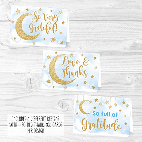 24 Blue Stars Baby Shower Thank You Cards With Envelopes, Kids Thank-You Note, 4x6 Gratitude Card Gift For Guest Pack For Party, Birthday, For Boy Children, Cute Angel Twinkle Moon Event Stationery