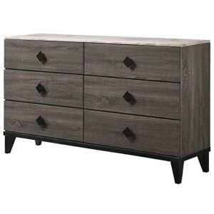 acme furniture 6 drawers wood dresser with faux marble top, rustic gray oak/black