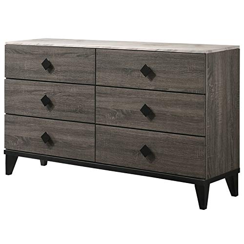 Acme Furniture 6 Drawers Wood Dresser with Faux Marble Top, Rustic Gray Oak/Black