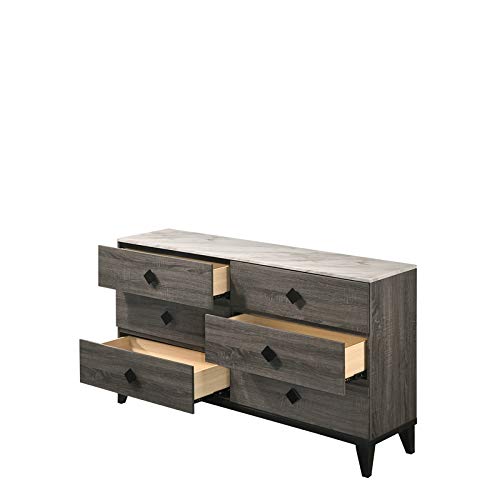 Acme Furniture 6 Drawers Wood Dresser with Faux Marble Top, Rustic Gray Oak/Black