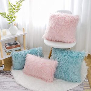 WLNUI Set of 2 Pink Fluffy Pillow Covers New Luxury Series Merino Style Blush Faux Fur Decorative Throw Pillow Covers Square Fuzzy Cushion Case 18x18 Inch