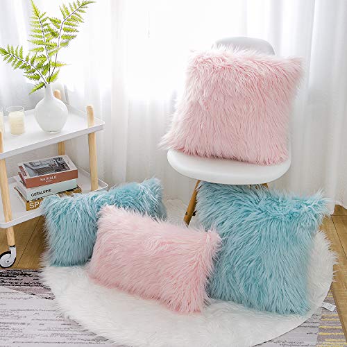 WLNUI Set of 2 Pink Fluffy Pillow Covers New Luxury Series Merino Style Blush Faux Fur Decorative Throw Pillow Covers Square Fuzzy Cushion Case 18x18 Inch