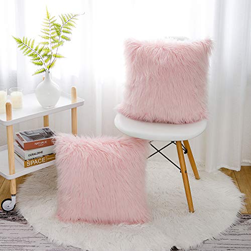 WLNUI Set of 2 Pink Fluffy Pillow Covers New Luxury Series Merino Style Blush Faux Fur Decorative Throw Pillow Covers Square Fuzzy Cushion Case 18x18 Inch